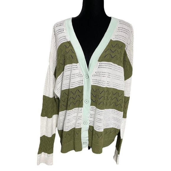 Talbots Green & White Mint Striped Cotton Linen Blend Cardigan Sweater - Picture 10 of 10
